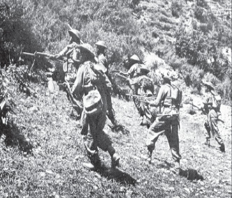 Indian forces pushing back Pakistani Invaders in Nov. 1947 in Teetwal Sector.
