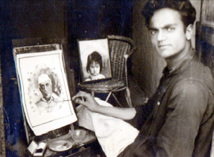 Suraj Tiku in his studio making a portrait of Pt. Jawahar Lal Nehru